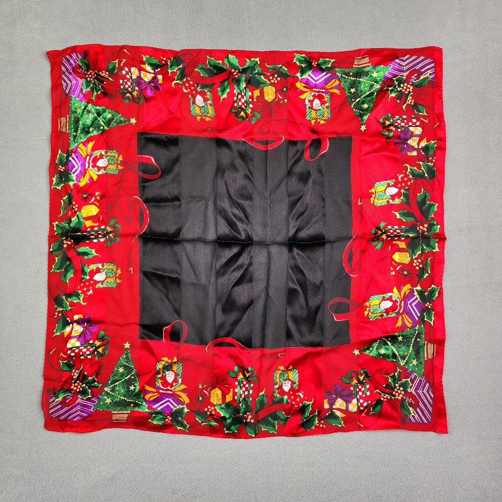 100% Silk Square Scarf Handkerchief 20" Red Christmas Santa Holiday Print